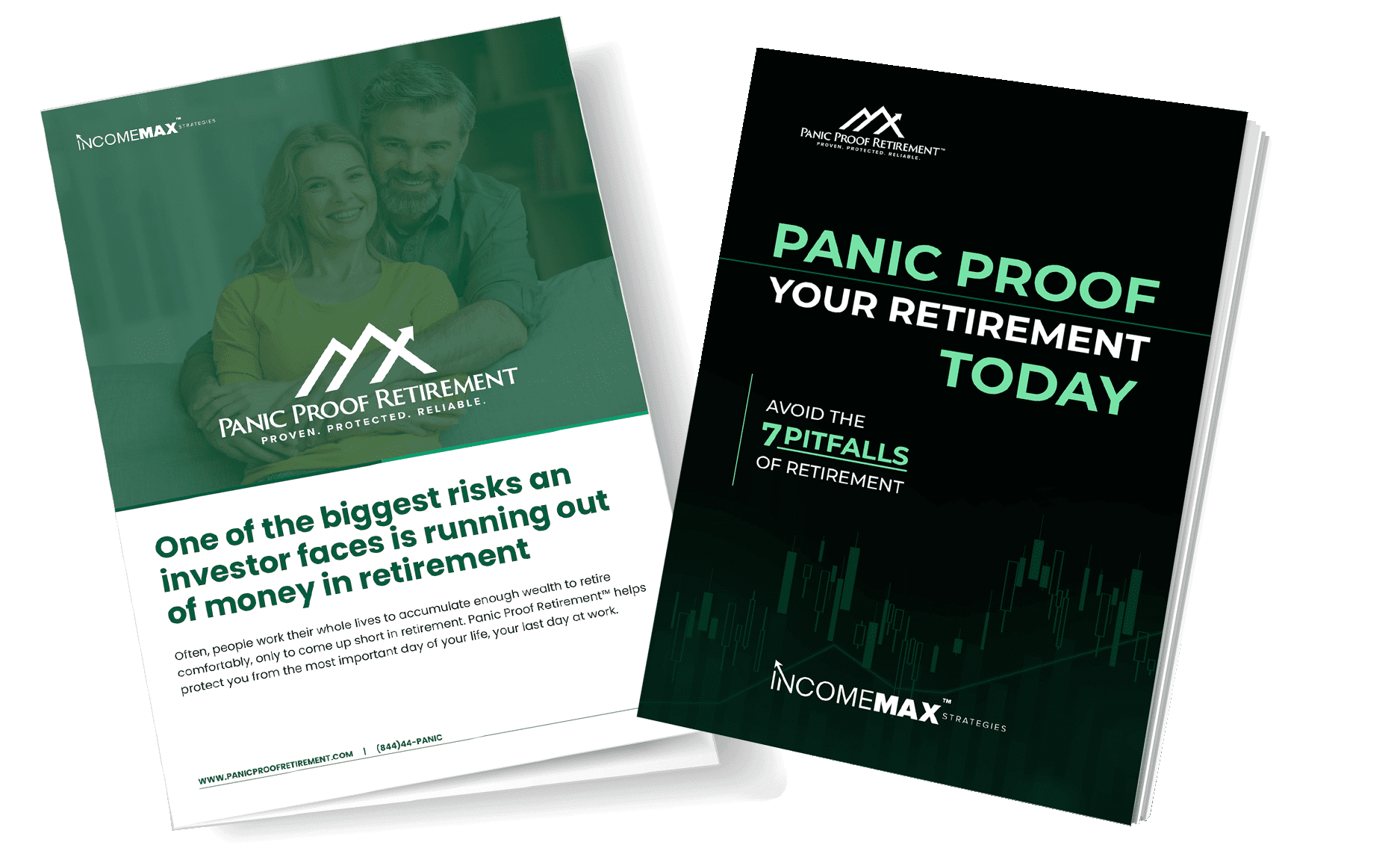 Two brochures: one green with a couple, the other titled Panic Proof Your Retirement Today